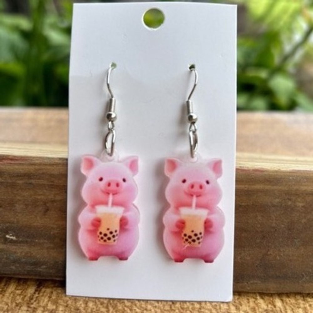 Boba Tea Pig Earrings Pink New Kawaii Acrylic Dangle  Quirky Whimsical Jewelry